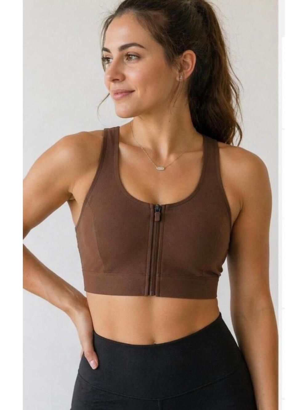 ZYIA Active Brown Zip Front Longline Sports Bra Molded Cup Athletic Top Size S